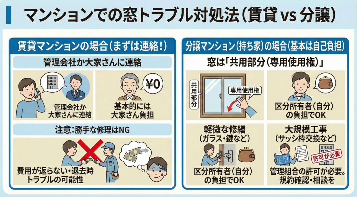 マンションでの窓トラブル対処法を賃貸と分譲で比較した図解。「賃貸マンション」は管理会社・大家への連絡が必須で、経年劣化は基本大家負担だが勝手な修理はNG。「分譲マンション（持ち家）」は窓が共用部分（専用使用権）であり、軽微な修繕は自己負担、大規模工事は管理組合の許可が必要であることをイラストで解説している。