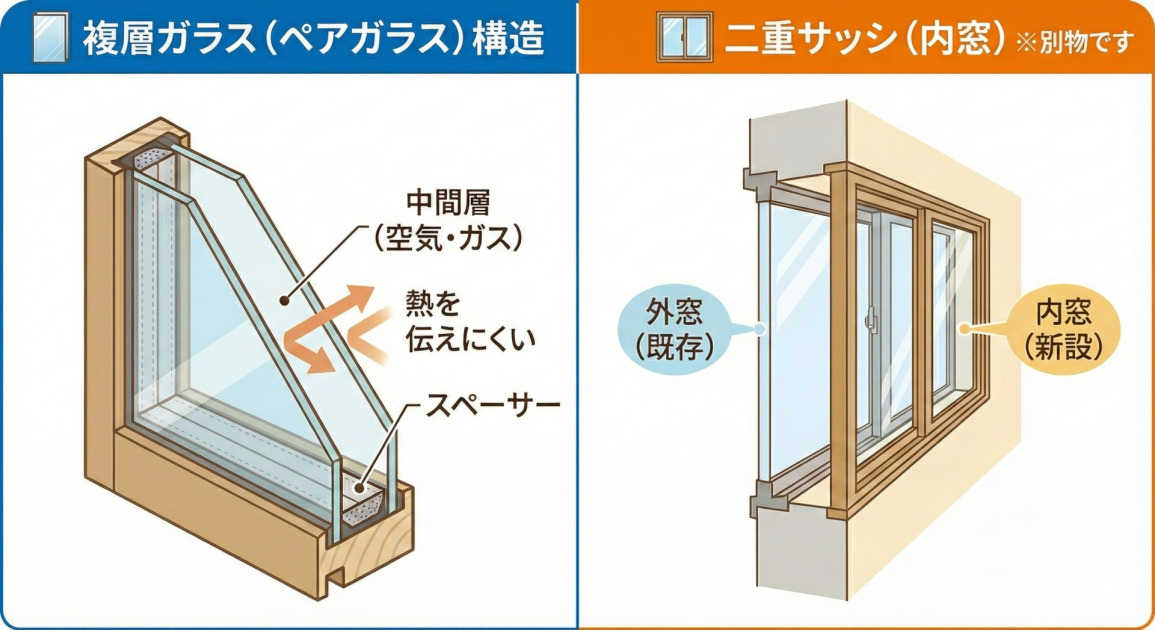 複層ガラス（ペアガラス）の断面構造と、既存の窓の内側に設置する二重サッシ（内窓）の構造を夫々示した比較イラスト。複層ガラスはガラスとガラスの間に中間層がある構造で、二重サッシは窓自体が二重になっている構造であることを視覚的に対比して説明しています。