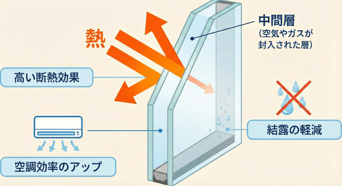 ペアガラス（複層ガラス）の機能とメリットを説明するインフォグラフィック。2枚のガラスの間に「中間層 (空気やガスが封入された層)」がある断面図が中央に描かれている。外部からの「熱」を示すオレンジ色の矢印がガラスによって反射・遮断され、「高い断熱効果」があることを示している。左下にはエアコンのイラストとともに「空調効率のアップ」、右下には水滴にバツ印がついたイラストとともに「結露の軽減」というメリットが夫々テキストボックスで示されている。