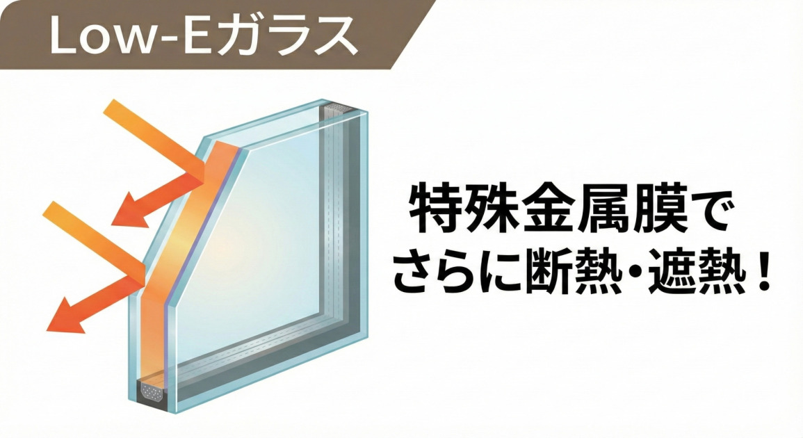 Low-Eガラスの仕組み解説図。複層ガラスの内側にコーティングされた特殊金属膜が、外部からの熱（オレンジ色の矢印）を反射する様子が描かれている。右側には「特殊金属膜でさらに断熱・遮熱！」というテキストが添えられ、その効果を強調している。