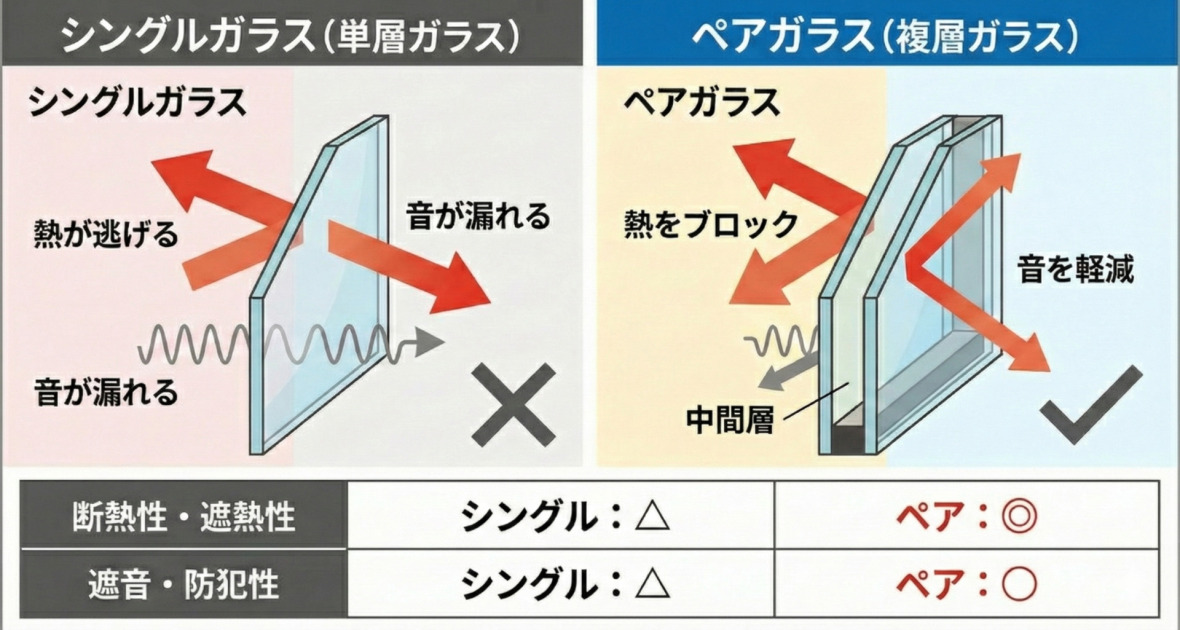 シングルガラス（単層ガラス）とペアガラス（複層ガラス）の性能を比較したイラスト図と評価表。左側のイラストでは、シングルガラスは熱が逃げ音が漏れる様子が描かれ×印が付いている。右側のイラストでは、ペアガラスは2枚のガラスの間にある中間層により熱をブロックし音を軽減する様子が描かれ、チェックマークが付いている。下部の表では、断熱性・遮熱性はシングルが△でペアが◎（二重丸）、遮音・防犯性はシングルが△でペアが○（丸）と評価されている。