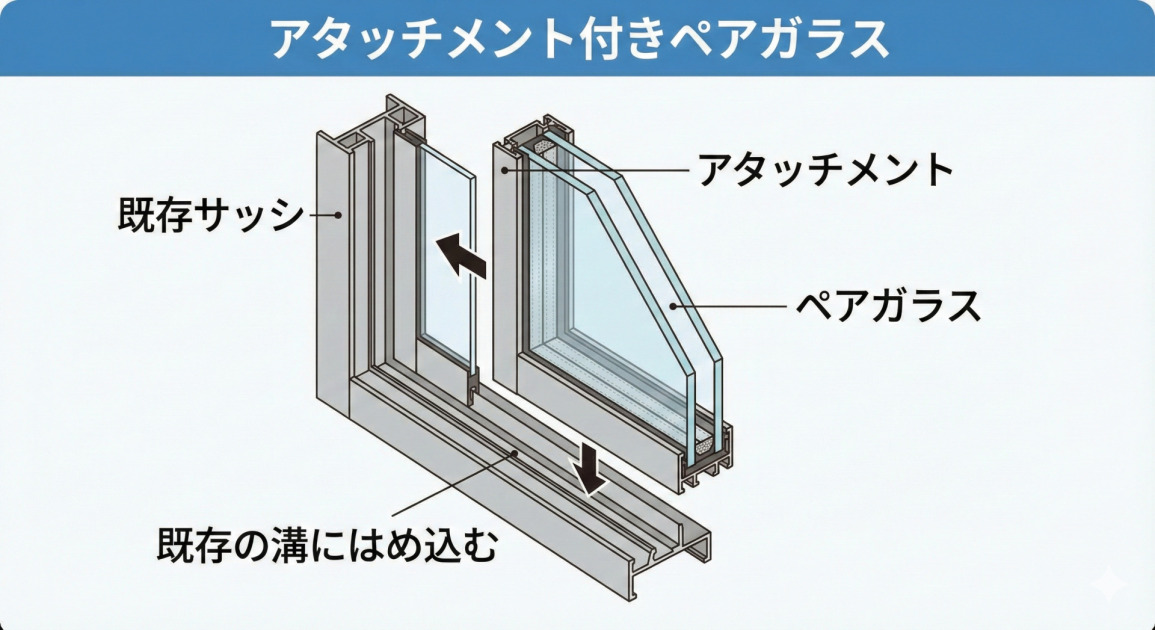 アタッチメント付きペアガラスの取り付け構造を示す断面図。既存のアルミサッシの溝に、専用のアタッチメント枠が付いたペアガラスをはめ込む様子が描かれている。既存の窓枠をそのまま利用できるため手軽に交換可能であることを視覚的に説明している。