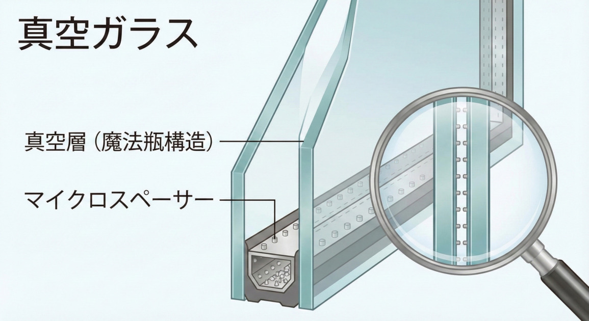 真空ガラスの断面構造イラスト。2枚のガラスの間に極めて薄い「真空層（魔法瓶構造）」があり、その間隔を保つために微細な「マイクロスペーサー」が等間隔に配置されている様子が虫眼鏡で拡大表示されている。通常のペアガラスと比べて非常に薄い構造であることが分かる。