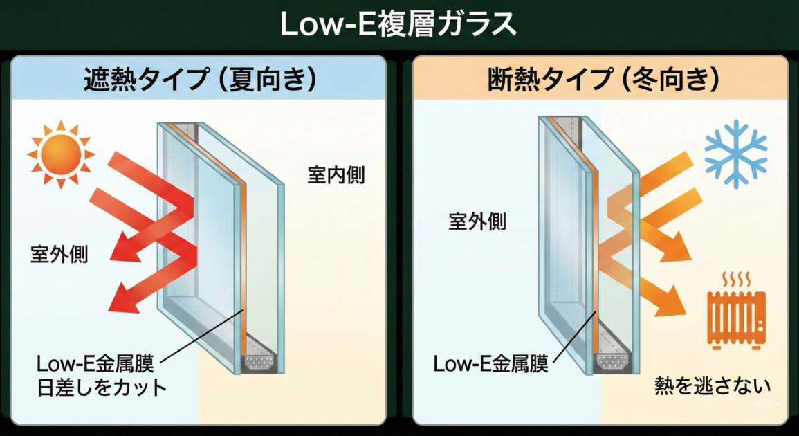 Low-E複層ガラスの「遮熱タイプ（夏向き）」と「断熱タイプ（冬向き）」を比較したイラスト。左側の遮熱タイプは室外側のガラスにLow-E金属膜があり、太陽の日差し（赤い矢印）を反射してカットする様子が描かれている。右側の断熱タイプは室内側のガラスにLow-E金属膜があり、室内の暖房熱（オレンジの矢印）を反射して外に逃がさない様子が描かれている。