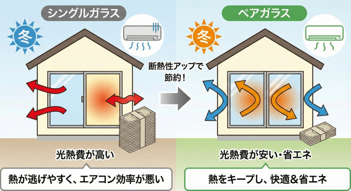 シングルガラスとペアガラスの断熱性能と光熱費を比較したイラスト。左側のシングルガラスの家は、冬は熱が逃げ夏は熱が入るためエアコン効率が悪く、光熱費が高い様子が描かれている。右側のペアガラスの家は、断熱性が高いため熱の出入りが少なく、快適で光熱費が安く済む様子が描かれている。