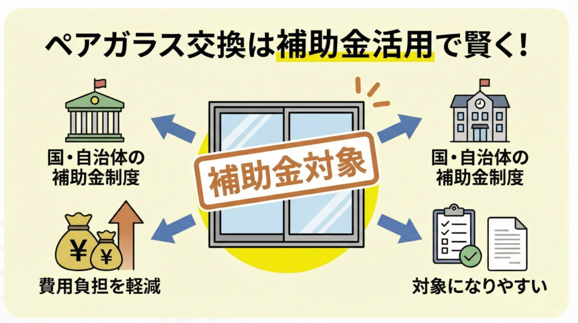 ペアガラス交換リフォームが「補助金対象」であることを示すイラスト。中央の窓のイラストに「補助金対象」のスタンプが押され、周囲には「国・自治体の補助金制度」の活用により「費用負担を軽減」できる点や、他のリフォームと比べて「対象になりやすい」というメリットがアイコンとテキストで図示されている。メインタイトルは「ペアガラス交換は補助金活用で賢く！」。