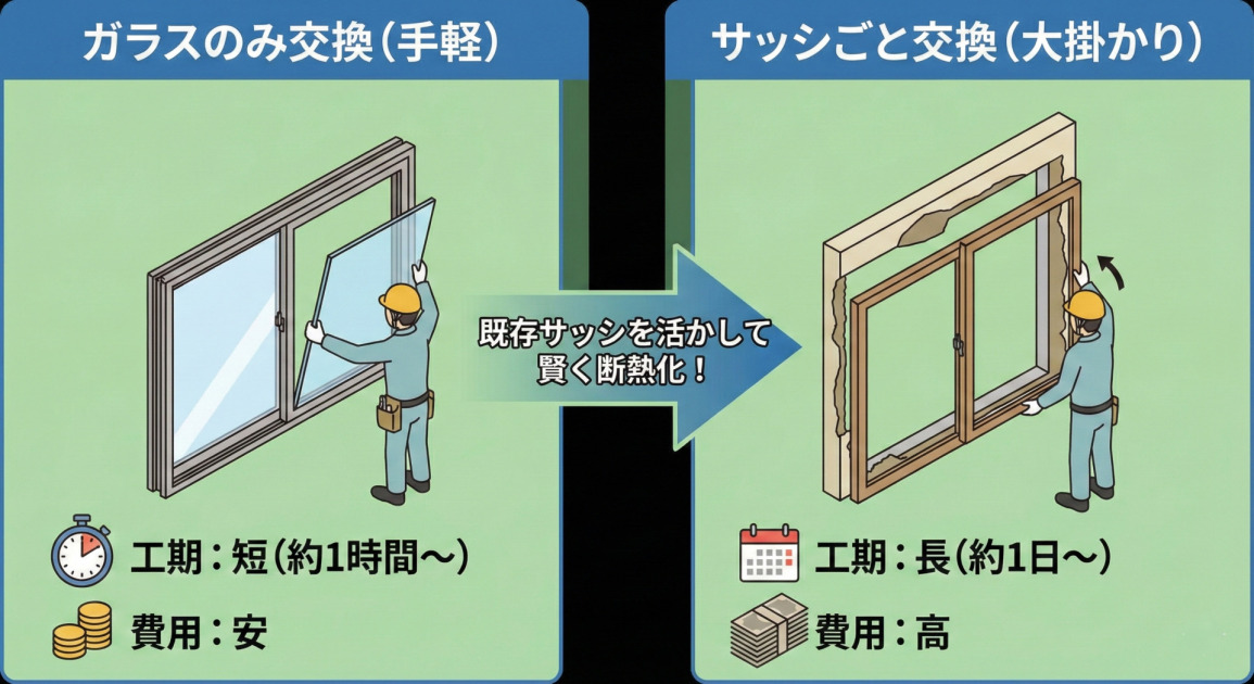 窓の断熱リフォーム方法を比較したイラスト。左側の「ガラスのみ交換」は既存のサッシを利用するため、工期が短く（約1時間〜）費用が安い。右側の「サッシごと交換」は壁の一部を壊す大掛かりな工事となるため、工期が長く（約1日〜）費用が高いことを示し、ガラスのみ交換が手軽であることを強調している。