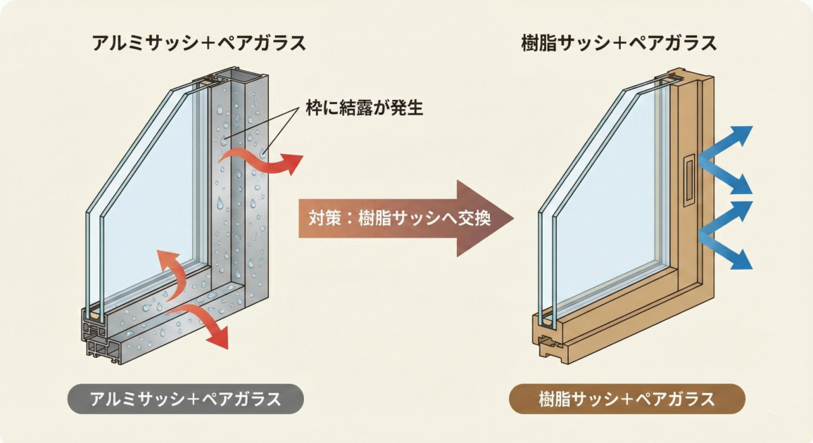 アルミサッシと樹脂サッシの結露比較イラスト。左側の「アルミサッシ＋ペアガラス」では、ガラスは結露していないが熱伝導率の高いアルミ枠に結露が発生している様子が描かれている。右側の「樹脂サッシ＋ペアガラス」では、熱を伝えにくい樹脂枠によって結露が発生していない様子が描かれており、「対策：樹脂サッシへ交換」と示されている。