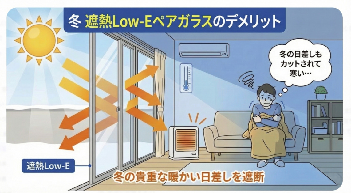 冬の遮熱Low-Eペアガラスのデメリットを示すイラスト。外は晴れて太陽が出ているが、窓ガラス（遮熱Low-E）が暖かい日差し（オレンジの矢印）を反射して室内に取り込めず、「冬の貴重な暖かい日差しを遮断」している。その結果、室内の人物が寒そうに震えており、「冬の日差しもカットされて寒い…」と感じている様子が描かれている。メインタイトルは「冬 遮熱Low-Eペアガラスのデメリット」。