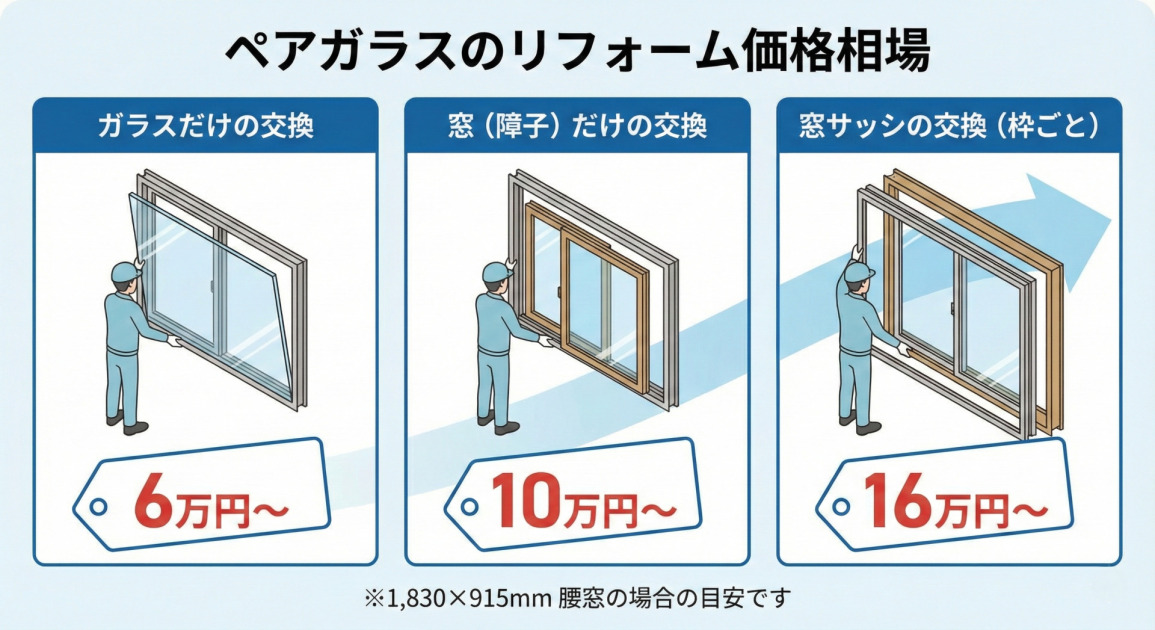 ペアガラスのリフォーム価格相場をまとめたイラスト図。「ガラスだけの交換」は6万円～、「窓（障子）だけの交換」は10万円～、「窓サッシの交換（枠ごと）」は16万円～と、工事の規模が大きくなるにつれて費用が上がる様子が、それぞれの作業イラストと価格タグで示されている。（注釈：1,830×915mm腰窓の場合の目安）