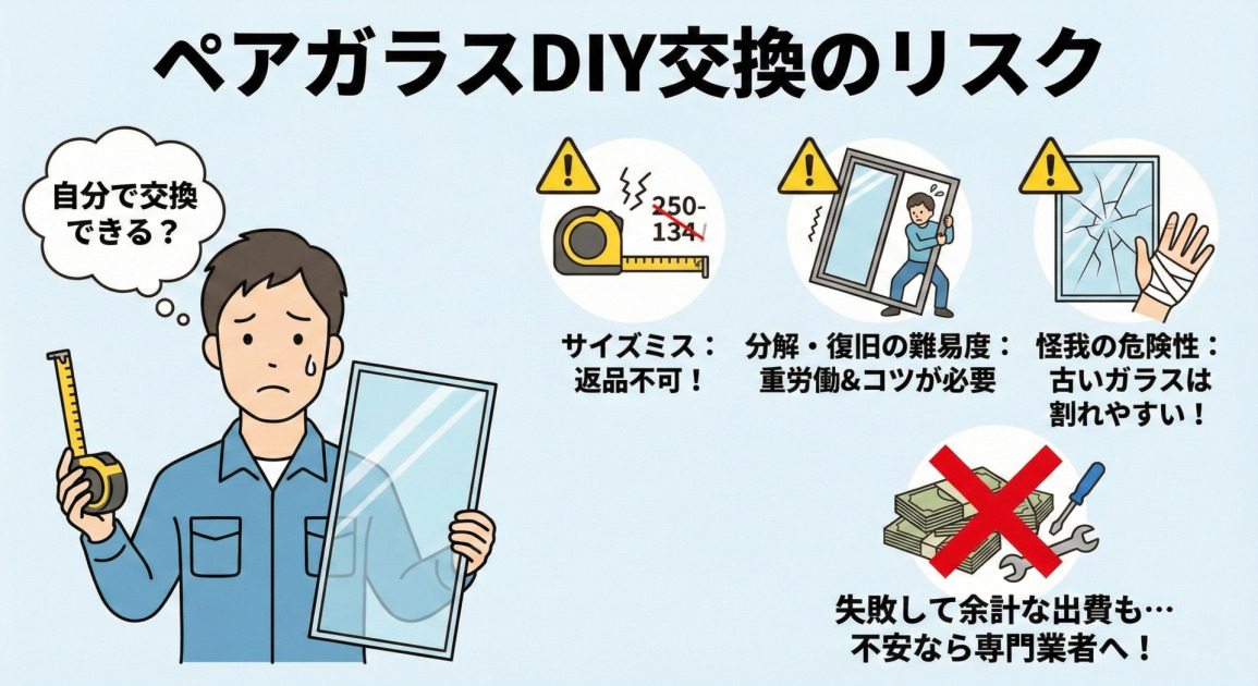 ペアガラスのDIY交換に伴うリスクを警告するイラスト。「自分で交換できる？」と悩む男性のイラストを中心に、「サイズミス：返品不可！」「分解・復旧の難易度：重労働＆コツが必要」「怪我の危険性：古いガラスは割れやすい！」といった具体的なリスクが警告アイコンと共に示されている。右下には「失敗して余計な出費も…不安なら専門業者へ！」というメッセージと、お金や工具にバツ印がついたイラストがあり、専門業者への依頼を推奨している。