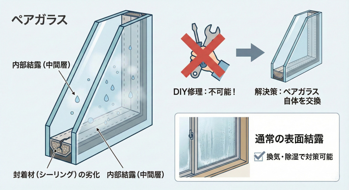 ペアガラスの内部結露の原因と対策を説明するイラスト。左側の断面図では、封着材（シーリング）の劣化により中間層に水滴や曇りが発生している「内部結露」の様子が描かれている。右側では、工具を持った手にバツ印が付き「DIY修理：不可能！」と示され、その解決策として新しいペアガラスへの交換が矢印で示されている。右下には「通常の表面結露」のイラストがあり、こちらは換気・除湿で対策可能であることが対比的に示されている。