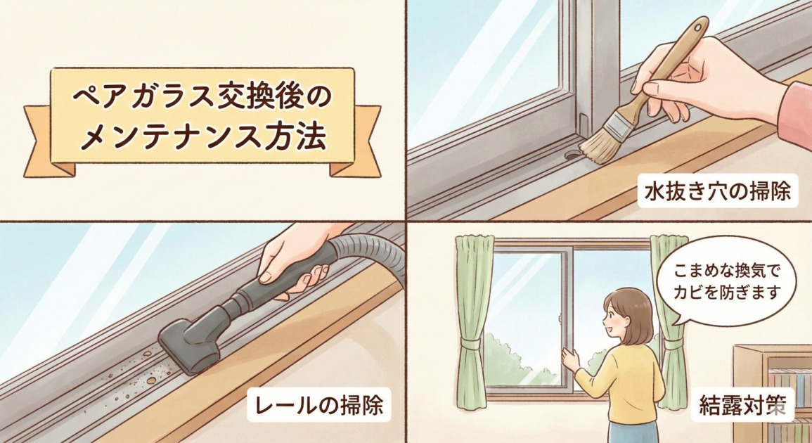 ペアガラス交換後のメンテナンス方法を4つのコマで紹介するイラスト。左上はタイトル「ペアガラス交換後のメンテナンス方法」。右上は「水抜き穴の掃除」として、サッシ下部の穴を刷毛で掃除する様子。左下は「レールの掃除」として、窓レールの埃を掃除機で吸い取る様子。右下は「結露対策」として、女性が窓を開けて換気をしており、「こまめな換気でカビを防ぎます」というメッセージが添えられている。