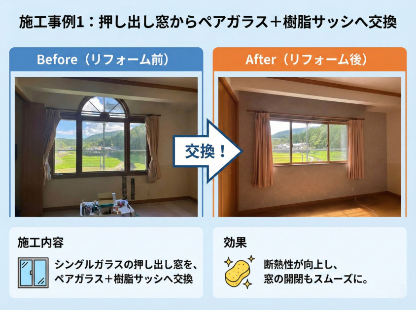 施工事例1のインフォグラフィック。「押し出し窓からペアガラス＋樹脂サッシへ交換」というタイトルで、窓のリフォーム前後を比較している。左側は「Before（リフォーム前）」の写真で、アーチ型の装飾があるシングルガラスの押し出し窓の部屋が写っている。中央には「交換！」と書かれた大きな矢印が右を指しており、右側の「After（リフォーム後）」の写真へと続いている。Afterの写真では、窓が長方形の新しいペアガラス＋樹脂サッシに交換され、窓辺がすっきりとしている。下部には2つの解説枠があり、左側の「施工内容」には「シングルガラスの押し出し窓を、ペアガラス＋樹脂サッシへ交換」、右側の「効果」には「断熱性が向上し、窓の開閉もスムーズに。」と記載され、それぞれの内容を表すアイコンが添えられている。