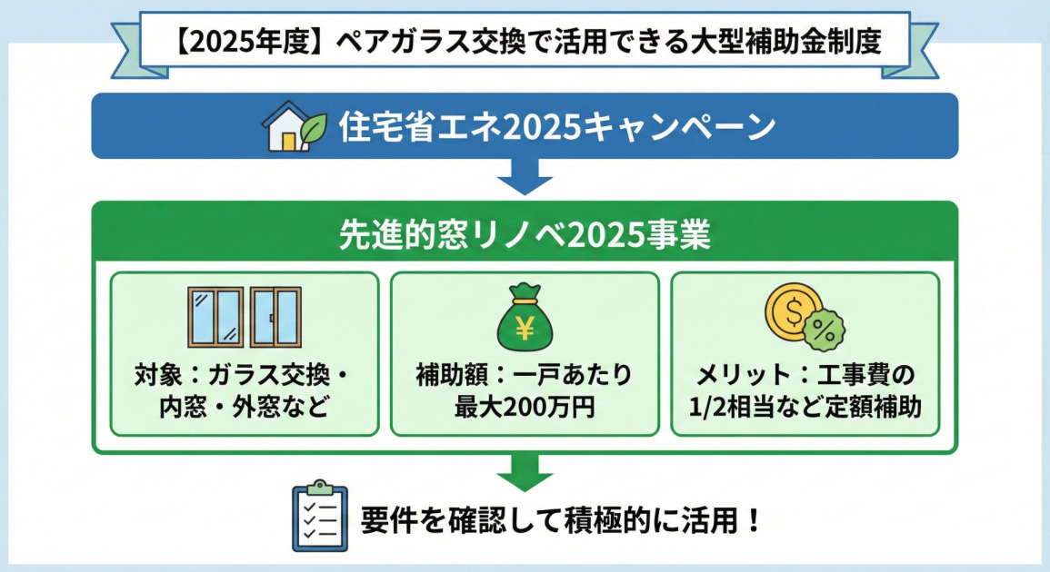2025年度のペアガラス交換で活用できる大型補助金制度の仕組みを示すインフォグラフィック。包括的な「住宅省エネ2025キャンペーン」の下に、具体的な「先進的窓リノベ2025事業」が位置づけられている。先進的窓リノベ2025事業の概要として、「対象：ガラス交換・内窓・外窓など」、「補助額：一戸あたり最大200万円」、「メリット：工事費の1/2相当など定額補助」の3点がアイコンと共に図示され、「要件を確認して積極的に活用！」と呼びかけている。