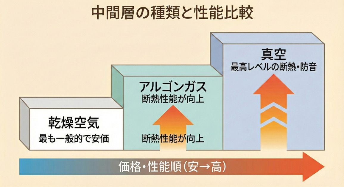 ペアガラスの中間層（乾燥空気、アルゴンガス、真空）の種類による性能と価格の違いを比較した階段状のグラフ。左から右へ「乾燥空気（最も一般的で安価）」「アルゴンガス（断熱性能が向上）」「真空（最高レベルの断熱・防音）」の順に、性能と価格が高くなっていく様子が示されている。