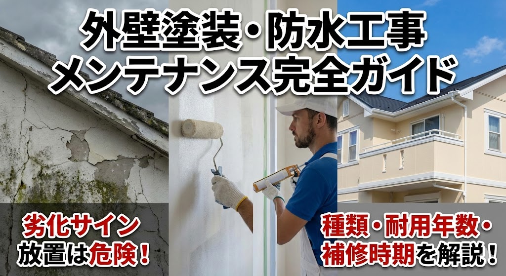 外壁塗装・防水工事メンテナンス完全ガイドのサムネイル。左に劣化してひび割れた外壁と「劣化サイン放置は危険！」の文字、中央に塗装とコーキング作業をする職人、右にきれいにリフォームされた住宅と「種類・耐用年数・補修時期を解説！」の文字が配置されている。