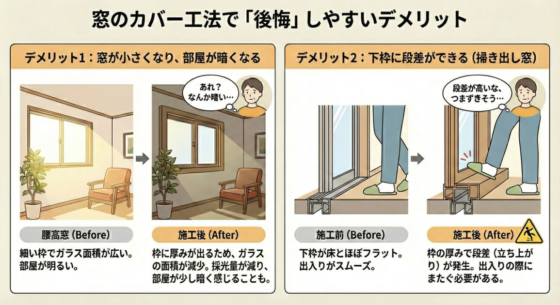 窓のカバー工法リフォームにおける2つの主要なデメリットを、施工前と施工後の比較イラストで解説した画像。タイトルは「窓のカバー工法で『後悔』しやすいデメリット」。

左側のパネルは「デメリット1：窓が小さくなり、部屋が暗くなる」。腰高窓の施工前（Before）は細い枠でガラス面積が広く、部屋に明るい光が差し込んでいる。施工後（After）は新しい太い枠が被さり、ガラスの面積が減少して部屋が少し暗くなり、「あれ？なんか暗い…」と感じている人物が描かれている。テキストは「枠に厚みが出るため、ガラスの面積が減少。採光量が減り、部屋が少し暗く感じることも。」

右側のパネルは「デメリット2：下枠に段差ができる（掃き出し窓）」。掃き出し窓の施工前（Before）は下枠が床とほぼフラットでスムーズに出入りできる様子。施工後（After）は新しい枠の厚みで高い段差（立ち上がり）ができ、足を高く上げてまたごうとする人物が「段差が高いな、つまずきそう…」と困っており、転倒注意のアイコンも添えられている。テキストは「枠の厚みで段差（立ち上がり）が発生。出入りの際にまたぐ必要がある。」