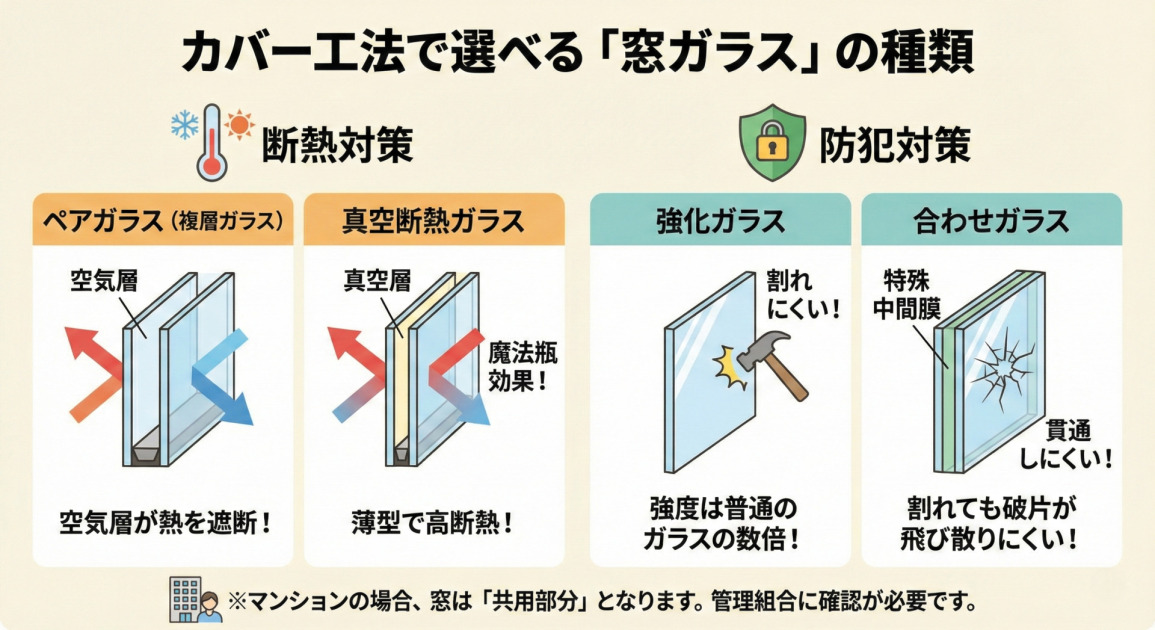 「カバー工法で選べる『窓ガラス』の種類」と題したインフォグラフィック。断熱対策と防犯対策の2つのカテゴリーで、ガラスの種類と特徴をイラストで解説している。

左側の「断熱対策」には、「ペアガラス（複層ガラス）」と「真空断熱ガラス」の断面図があり、それぞれ「空気層が熱を遮断！」、「薄型で高断熱！魔法瓶効果！」と説明されている。 右側の「防犯対策」には、ハンマーで叩かれる「強化ガラス」とヒビが入った「合わせガラス」のイラストがあり、それぞれ「割れにくい！強度は普通のガラスの数倍！」、「貫通しにくい！割れても破片が飛び散りにくい！」と説明されている。 下部には、「※マンションの場合、窓は『共用部分』となります。管理組合に確認が必要です。」という注意書きがある。