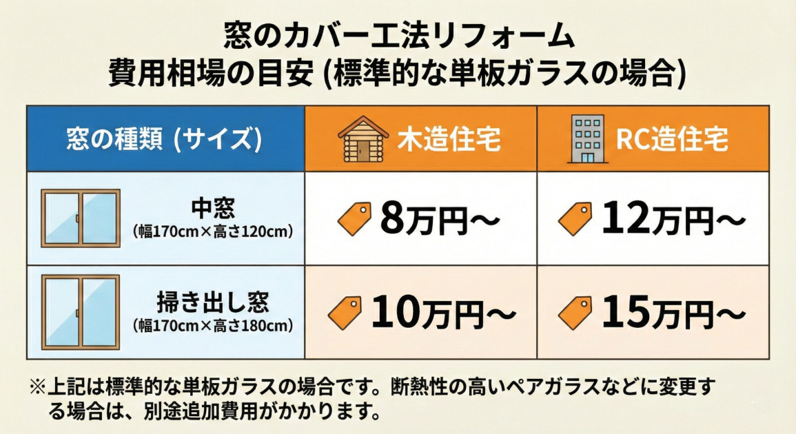 「窓のカバー工法リフォーム 費用相場の目安（標準的な単板ガラスの場合）」と題した料金表のインフォグラフィック。窓の種類（サイズ）として「中窓（幅170cm×高さ120cm）」と「掃き出し窓（幅170cm×高さ180cm）」があり、それぞれの木造住宅とRC造住宅における費用目安が記載されている。中窓は木造で8万円〜、RC造で12万円〜。掃き出し窓は木造で10万円〜、RC造で15万円〜。下部に「※上記は標準的な単板ガラスの場合です。断熱性の高いペアガラスなどに変更する場合は、別途追加費用がかかります。」という注釈がある。
