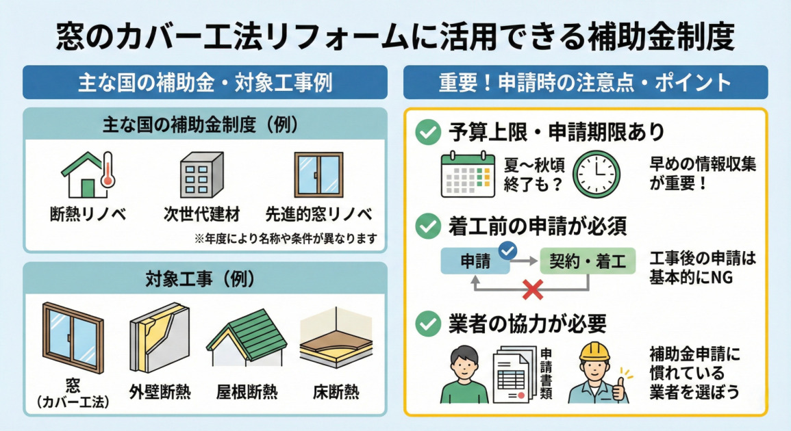 「窓のカバー工法リフォームに活用できる補助金制度」と題したインフォグラフィック。左側の「主な国の補助金・対象工事例」では、断熱リノベ、次世代建材、先進的窓リノベといった制度例（年度により異なる場合あり）と、窓（カバー工法）、外壁断熱、屋根断熱、床断熱といった対象工事例をイラスト付きで紹介。右側の「重要！申請時の注意点・ポイント」では、予算上限や申請期限があり夏〜秋頃に終了する可能性もあるため早めの情報収集が重要であること、着工前の申請が必須であり工事後の申請は基本的にNGであること、そして申請書類の準備には補助金申請に慣れている業者の協力が必要であることを、それぞれアイコンや図を用いて解説している。