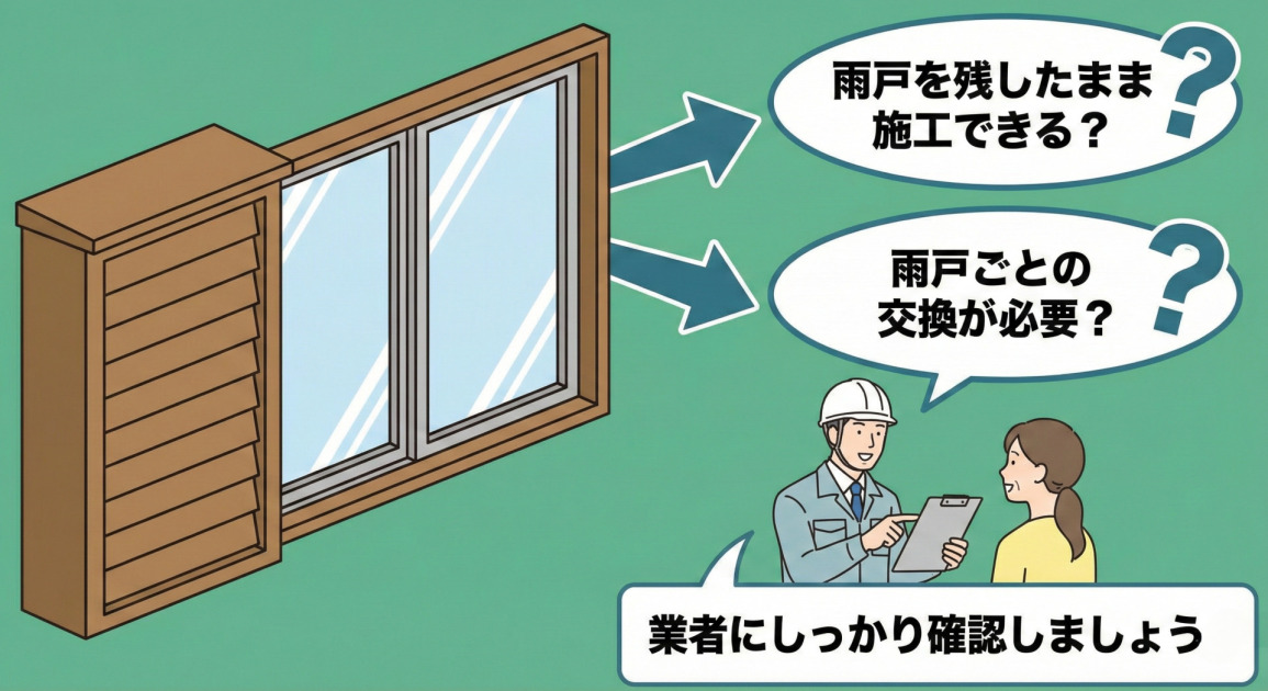 雨戸がある場合の窓リフォームの注意点を示すイラスト。「雨戸を残したまま施工できるか」「雨戸ごとの交換が必要か」という点について、業者と相談する人物のイラストと共に「業者にしっかり確認しましょう！」と呼びかけている。