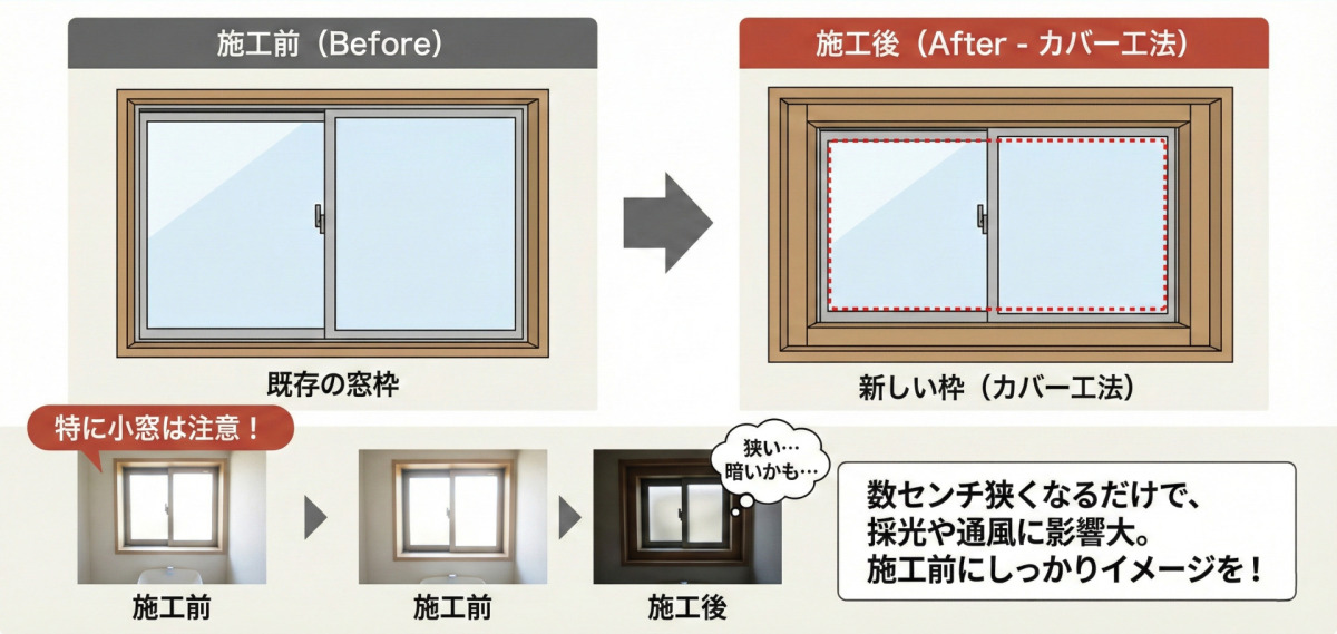 「【注意点2】窓のガラス面積が小さくなる」と題した解説画像。上段では、既存の窓枠の内側に新しい太い枠を設置するカバー工法の施工前と施工後をイラストで比較し、赤い点線でガラス面積が一回り小さくなることを示している。下段では「特に小窓は注意！」として、トイレの小窓の施工前後の写真を掲載。施工後は枠が太くなりガラス面が狭くなったことで、部屋が暗く狭く感じられる様子と、「数センチ狭くなるだけで、採光や通風に影響大。施工前にしっかりイメージを！」という注意喚起のメッセージが添えられている。