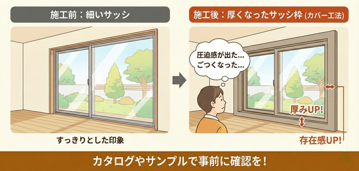 窓のリフォーム（カバー工法）における注意点として、サッシ枠が厚くなり見た目が変わることを解説した比較イラスト。左側の「施工前」は細いサッシですっきりとした印象だが、右側の「施工後（カバー工法）」は既存の枠に新しい枠を被せたため、サッシ枠が厚くなり存在感が増している。人物が「圧迫感が出た…」「ごつくなった…」と感じている様子や、「厚みUP!」「存在感UP!」という強調表示があり、カタログやサンプルで事前に確認するよう促すメッセージが添えられている。
