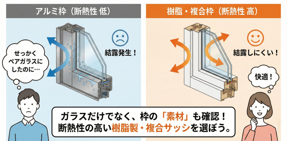 サッシ枠の素材による結露のリスクを比較した画像。断熱性が低い「アルミ枠」はペアガラスを使っても枠に結露が発生しやすい一方、断熱性が高い「樹脂・複合枠」は結露しにくく快適であることをイラストで対比。ガラスだけでなく、枠の素材も確認して断熱性の高いものを選ぶよう推奨している。