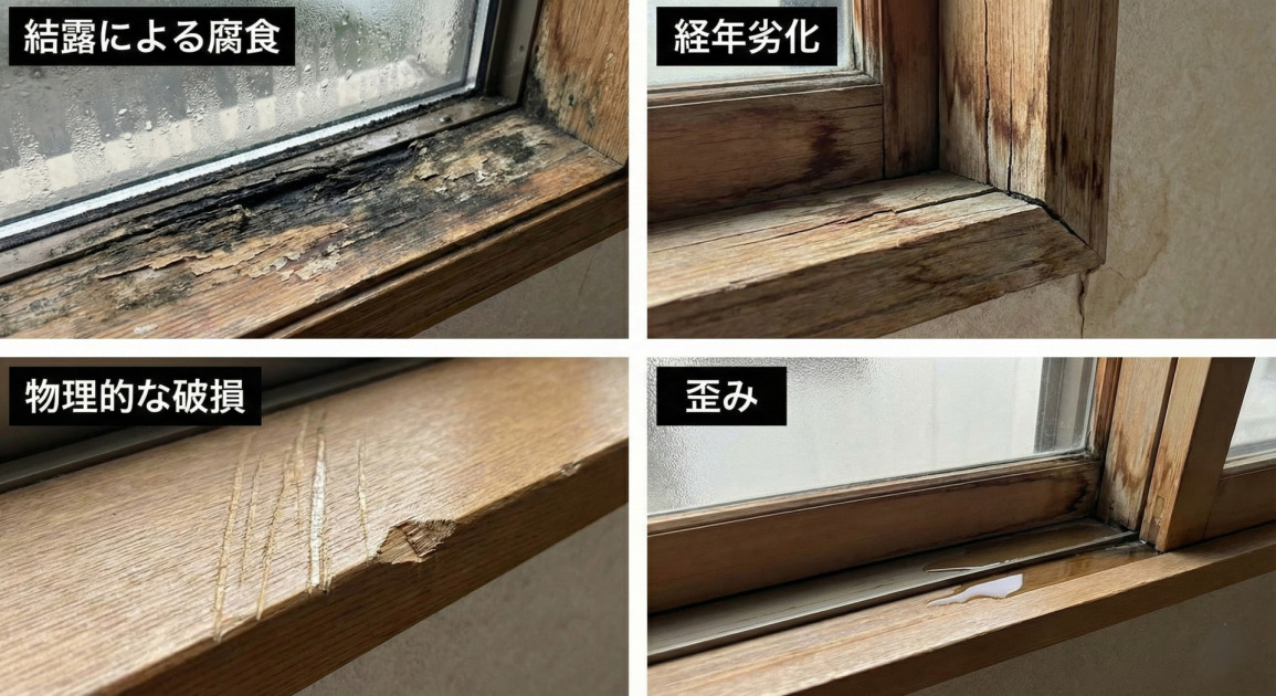 結露による腐食、経年劣化によるひび割れと隙間、物理的な破損による傷、そして歪みによって水が溜まった状態を示す、4種類の損傷した木製窓枠の写真。これらは、窓の木枠交換やリフォームが必要となる典型的な症状の例です。