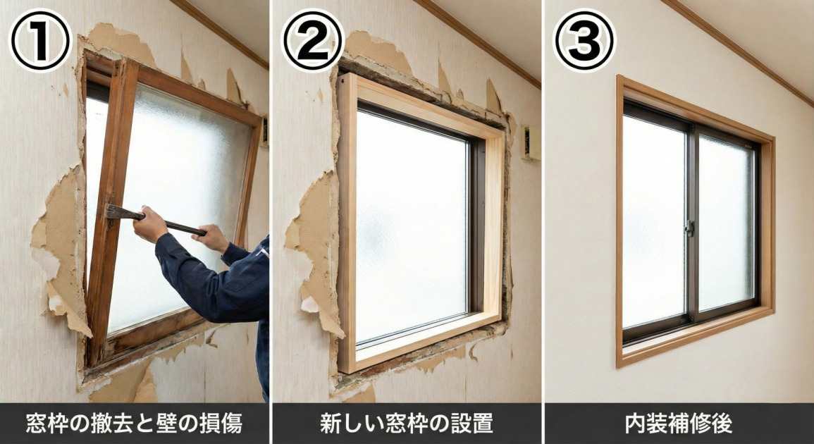窓の木枠交換工事の一般的な流れを示す、3段階の手順写真。左から順に、「①窓枠の撤去と壁の損傷」（作業員が古い枠を解体し、周囲の壁紙が剥がれている様子）、「②新しい窓枠の設置」（新しい枠とサッシが取り付けられたが、壁紙は未補修の状態）、「③内装補修後」（新しい窓枠に合わせて壁紙がきれいに張り替えられ、完了した状態）の写真が並んでいる。