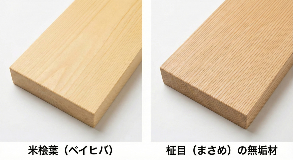 窓枠に適した耐久性のある木材の見本写真。左は淡い色合いで緻密な木目が特徴の耐水性が高い「米桧葉（ベイヒバ）」、右はまっすぐ平行な木目が特徴で反りが少ない「柾目（まさめ）の無垢材」。