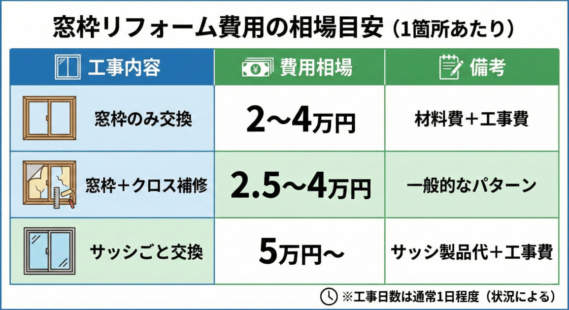 窓枠リフォーム費用の相場目安を1箇所あたりで示す比較表。「窓枠のみ交換」は2～4万円、「窓枠＋クロス補修」は2.5～4万円、「サッシごと交換」は5万円からと、工事内容別の費用と備考がイラスト付きで一覧表示されている。