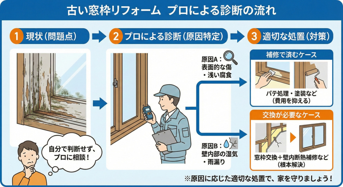 「古い窓枠リフォーム プロによる診断の流れ」と題されたインフォグラフィック。腐食した窓枠を見て自己判断せずプロに相談する「1. 現状（問題点）」、専門家が機器を用いて原因が「表面的な傷・浅い腐食」か「壁内部の湿気・雨漏り」かを特定する「2. プロによる診断（原因特定）」、そして特定された原因に基づいて「補修で済むケース（パテ処理・塗装など）」または「交換が必要なケース（窓枠交換＋壁内断熱補修など）」に分かれる「3. 適切な処置（対策）」という3つのステップが、イラストと矢印を用いて分かりやすく示されている。下部には「※原因に応じた適切な処置で、家を守りましょう！」と記載されている。