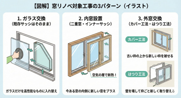 先進的窓リノベ事業の対象となる3つの工事方法をイラストで解説した図。
左側は「1. ガラス交換（既存サッシはそのまま）」。既存の窓枠（サッシ）は壁に残したまま、吸盤を使って古いガラスを取り外し、新しい分厚い複層ガラスに入れ替えている様子。「ガラスだけを高性能なものに入れ替え」と説明がある。
中央は「2. 内窓設置（二重窓・インナーサッシ）」。今ある窓の部屋側の内側に、新しい窓枠と窓をもう一つ追加して取り付けている様子。既存の窓と新しい窓の間に「空気の層で断熱！」と矢印で示されている。「今ある窓の内側に新しい窓をプラス」と説明がある。
右側は「3. 外窓交換」で、2つの方法が上下に並んでいる。上は「カバー工法」で、古い窓枠を残し、その上から一回り大きい新しい窓枠を被せて取り付けている。「古い枠の上から新しい枠を被せる」と説明がある。下は「はつり工法」で、壁の一部を壊して古い窓枠を完全に撤去し、新しい窓枠を取り付けている断面図。「壁を壊して枠ごと新しく取り替える」と説明がある。
