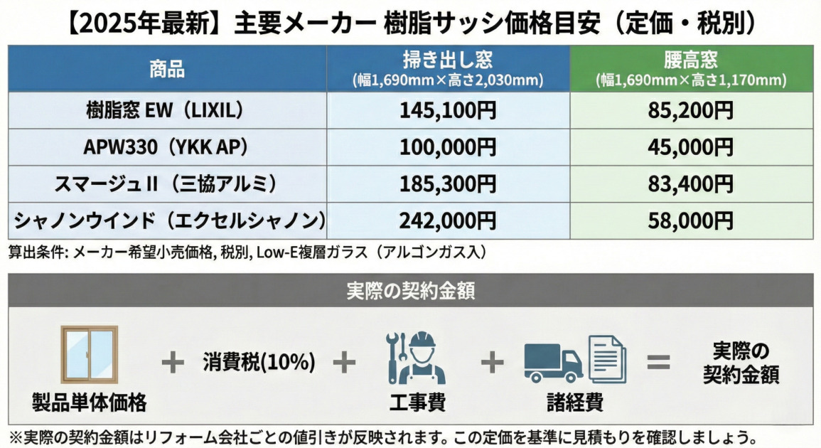 【2025年最新】主要メーカー4社（LIXIL、YKK AP、三協アルミ、エクセルシャノン）の樹脂サッシ価格目安（定価・税別）をまとめたインフォグラフィック。掃き出し窓（幅1,690mm×高さ2,030mm）と腰高窓（幅1,690mm×高さ1,170mm）の商品ごとの価格を一覧表で掲載。算出条件はメーカー希望小売価格、税別、Low-E複層ガラス（アルゴンガス入）。下部の図では「実際の契約金額」の構成を示しており、製品単体価格に消費税(10%)、工事費、諸経費を加算した合計が実際の契約金額となると説明。注釈として、実際の契約金額はリフォーム会社ごとの値引きが反映されるため、この定価を基準に見積もりを確認するよう記載されている。