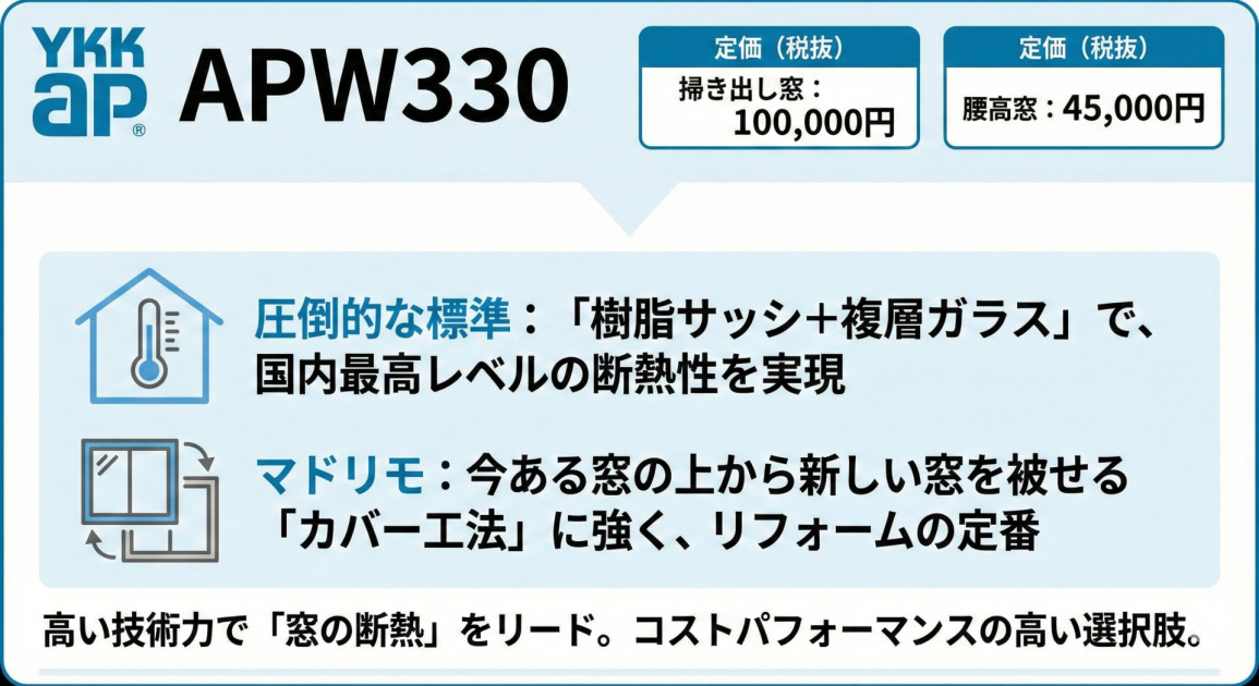 YKK APの樹脂サッシ「APW330」のインフォグラフィック。定価は掃き出し窓100,000円、腰高窓45,000円。特徴として国内最高レベルの断熱性（樹脂サッシ＋複層ガラス）と、カバー工法（マドリモ）への対応が挙げられている。高い技術力で窓の断熱をリードするコストパフォーマンスの高い商品。
