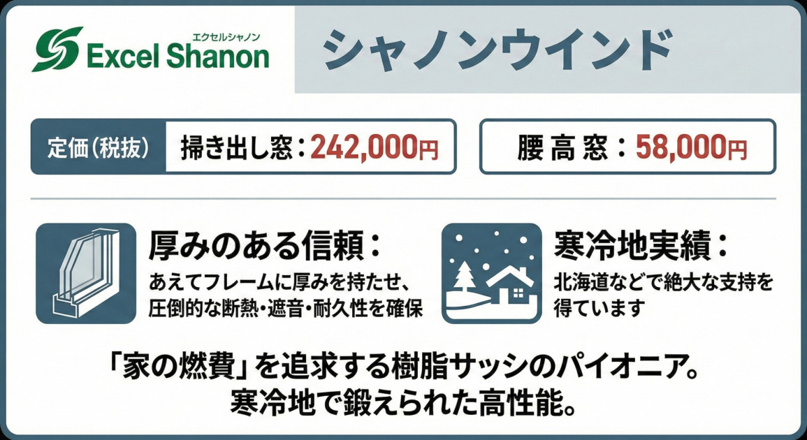 エクセルシャノンの樹脂サッシ「シャノンウインド」のインフォグラフィック。定価は掃き出し窓242,000円、腰高窓58,000円。特徴としてフレームに厚みを持たせたことによる圧倒的な断熱・遮音・耐久性と、北海道などの寒冷地での実績が挙げられている。家の燃費を追求する樹脂サッシのパイオニア。