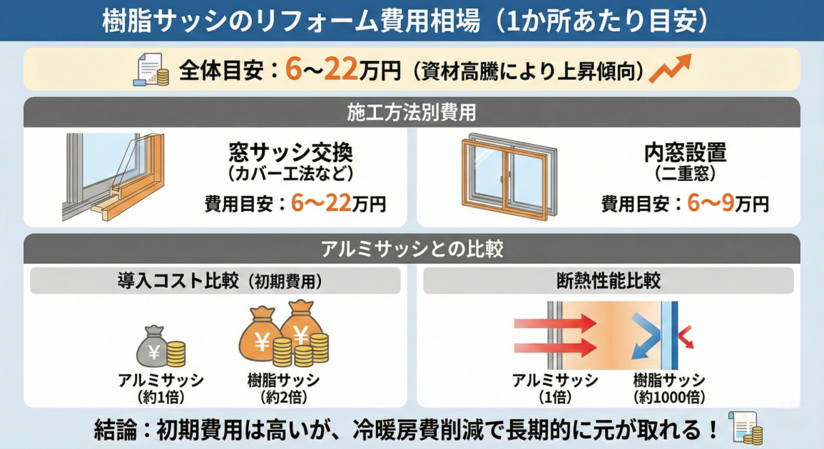 樹脂サッシのリフォーム費用相場（1か所あたり目安）に関するインフォグラフィック。全体の費用目安は6～22万円で、資材高騰により上昇傾向にあることを示しています。施工方法別では、「窓サッシ交換（カバー工法など）」が6～22万円、「内窓設置（二重窓）」が6～9万円が目安です。また、アルミサッシとの比較において、樹脂サッシは導入コストが約2倍かかる一方、断熱性能は約1000倍優れているとイラスト付きで解説。結論として、初期費用は高いものの、冷暖房費削減によって長期的には元が取れると説明しています。
