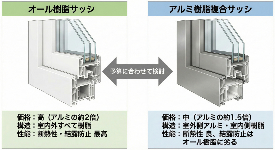 オール樹脂サッシとアルミ樹脂複合サッシの断面図を比較したイラスト。左側のオール樹脂サッシは室内外すべて樹脂製で、価格は高いが断熱・結露防止性能が最高。右側のアルミ樹脂複合サッシは室外側がアルミ、室内側が樹脂製で、価格はオール樹脂より抑えられる（アルミの約1.5倍）が、結露防止性能はオール樹脂に劣る。予算に合わせて検討することを促している。
