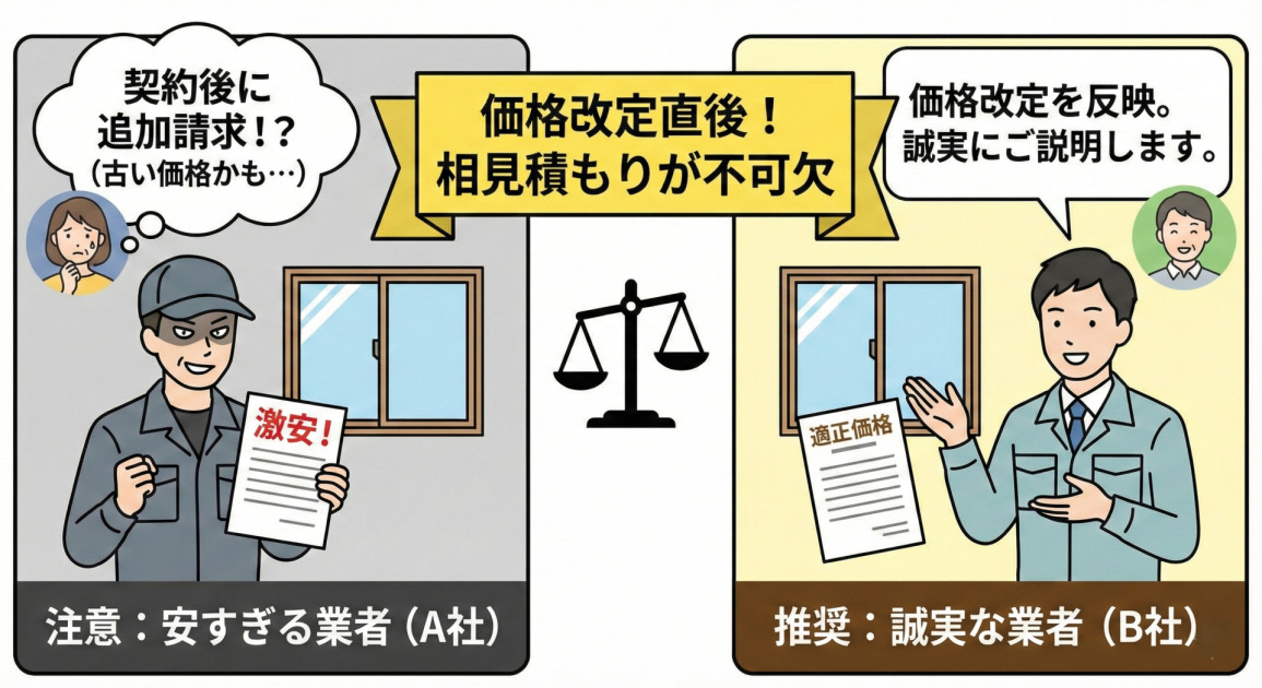 樹脂サッシ窓リフォームの相見積もりと業者選びの重要性を示す比較イラスト。左側の「安すぎる業者（A社）」は「激安」な見積もりだが、「契約後に追加請求！？」というリスクを示唆。右側の「誠実な業者（B社）」は「適正価格」で、「価格改定を反映、誠実にご説明します」としており安心感がある。中央には天秤のアイコンがあり、「相見積もりで比較検討！」と複数の業者を比較することの重要性を伝えている。
