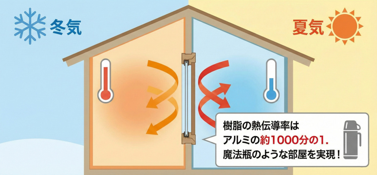 樹脂サッシの断熱・遮熱効果を説明するイラスト。家の断面図で、左側は「冬気」で外の冷気を遮断し室内の暖かさを保っている様子、右側は「夏気」で外の熱気を遮断し室内の涼しさを保っている様子が描かれている。中央のテキストボックスには「樹脂の熱伝導率はアルミの約1000分の1。魔法瓶のような部屋を実現！」とあり、魔法瓶のアイコンが添えられている。
