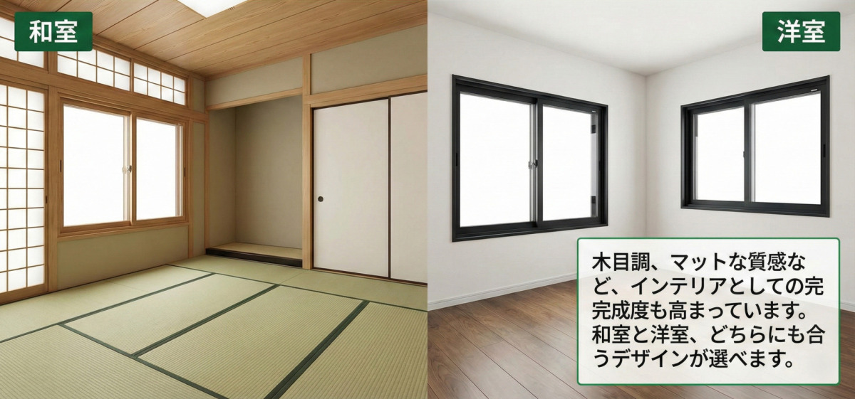 樹脂サッシのデザイン性の高さを説明する写真。左側は「和室」で、木目調の樹脂サッシが畳や障子のある伝統的な空間に調和している。右側は「洋室」で、黒のマットな質感の樹脂サッシが白い壁とフローリングのモダンな空間に馴染んでいる。テキストボックスには「木目調、マットな質感など、インテリアとしての完成度も高まっています。和室と洋室、どちらにも合うデザインが選べます。」とある。