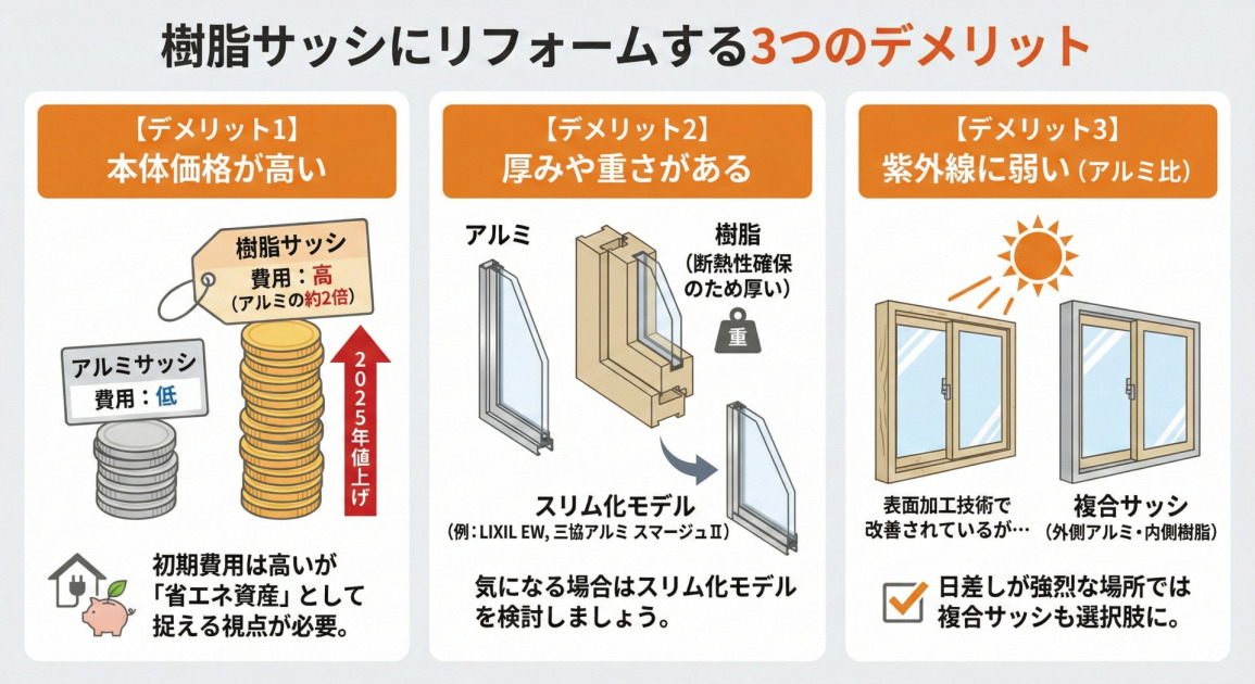 「樹脂サッシにリフォームする3つのデメリット」をまとめたインフォグラフィック。1つ目は「本体価格が高い」点で、アルミサッシの約2倍の費用と2025年の値上げを挙げ、初期費用は高いが省エネ資産と捉える視点が必要と説明。2つ目は「厚みや重さがある」点で、断熱性確保のためにフレームが厚くなるが、スリム化モデルも選択可能と紹介。3つ目は「紫外線に弱い（アルミ比）」点で、技術改善は進んでいるものの、日差しが強い場所では外側アルミの複合サッシも選択肢になると解説している。
