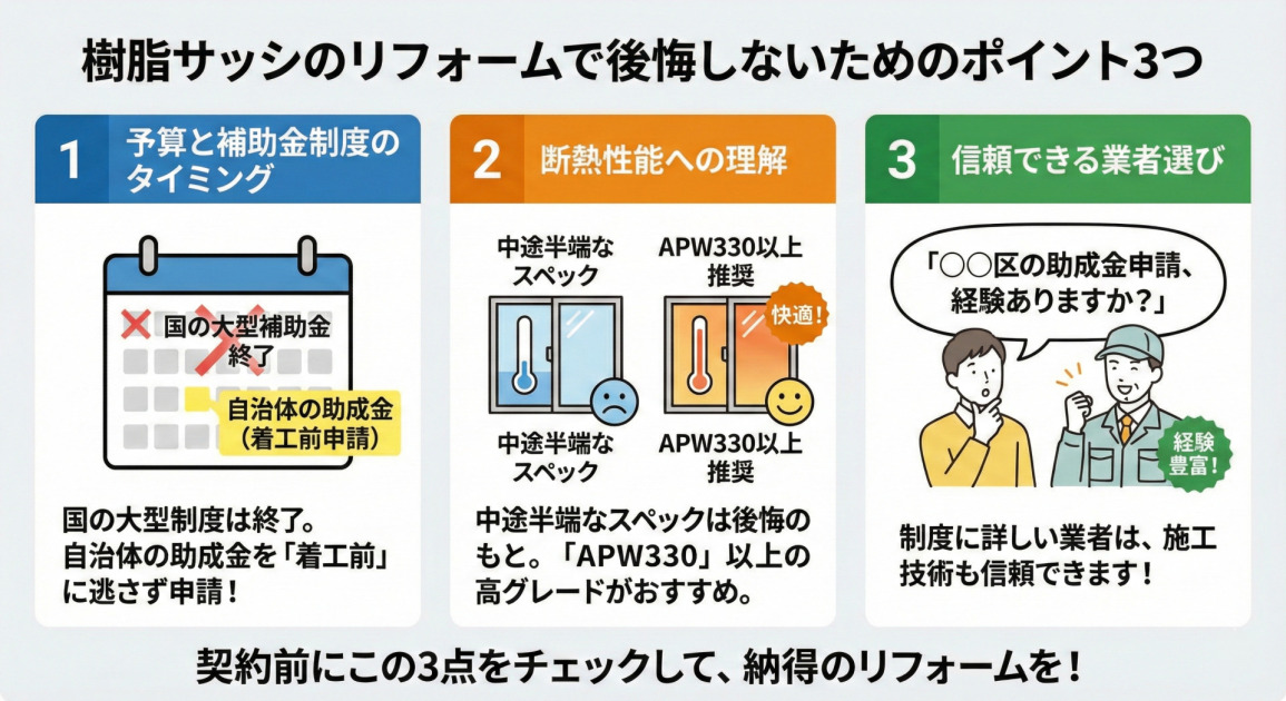 樹脂サッシのリフォームで後悔しないための3つの重要ポイントをまとめたインフォグラフィック。1つ目は「予算と補助金制度のタイミング」で、国の大型制度が終了したため、自治体の助成金を「着工前」に逃さず申請するよう強調。2つ目は「断熱性能への理解」で、中途半端なスペックでは効果を実感しにくいため、YKK APの「APW330」以上の高グレードを推奨している。3つ目は「信頼できる業者選び」で、特定の自治体の助成金申請経験があるかを確認するなど、制度に詳しい業者は施工技術も信頼できると解説。最後に、契約前にこれら3点をチェックするよう促している。