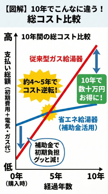 従来型ガス給湯器と、補助金を活用した省エネ給湯器の10年間の支払い総額比較グラフ。初期費用は補助金で下がり、ランニングコストの安さによって約4〜5年でコストが逆転、10年後には数十万円の節約になることを示しています。