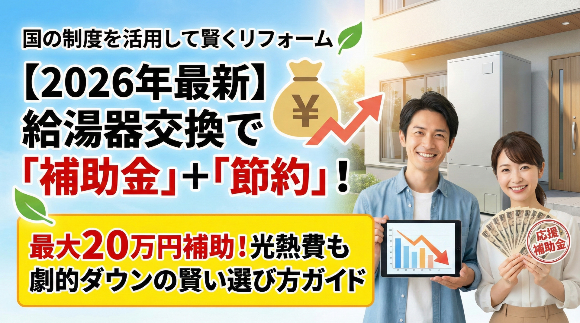 「2026年最新 給湯省エネ事業 活用ガイド」「最大20万円補助」というタイトル文字と、省エネ給湯器（エコキュート）や積み上がった金貨のイラストを描き、補助金による経済的メリットを表現しています。