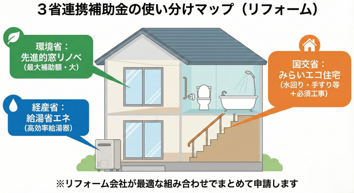 3省連携補助金の使い分けマップ（リフォーム）の図解。家の断面図イラストに対し、環境省が窓（先進的窓リノベ）、経産省が給湯器（給湯省エネ）、国交省が水回り・手すり等（みらいエコ住宅）を担当することを示す吹き出しが付いている。下部には「※リフォーム会社が最適な組み合わせでまとめて申請します」という注釈がある。