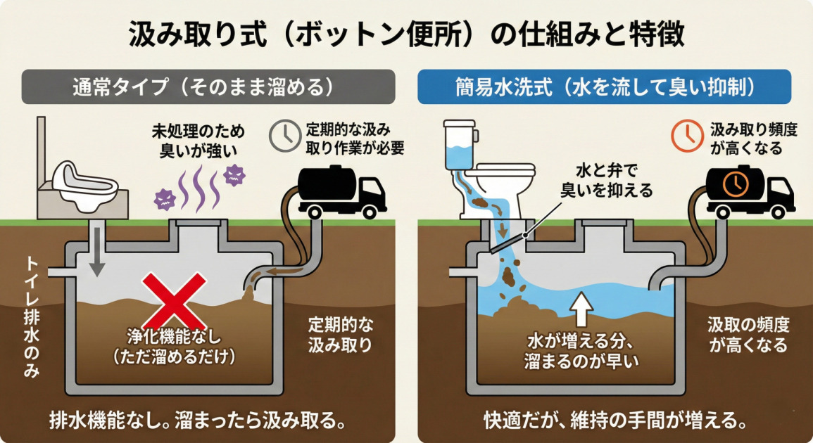 汲み取り式(ボットン便所)の仕組みと特徴を解説した図解です。
図の中央には、トイレから地中の便槽へ汚水がそのまま溜まっていく断面図が描かれています。
主な特徴として以下の点が記載されています。
・浄化機能はなく、便槽に汚水を溜めるだけであること。
・未処理のため臭いが強い傾向があること。
・定期的な汲み取り作業が必要であること。
また、注釈として「簡易水洗式」についても触れられており、水を流して臭いを抑えられる反面、溜まるのが早いため汲み取り頻度が高くなると説明されています。