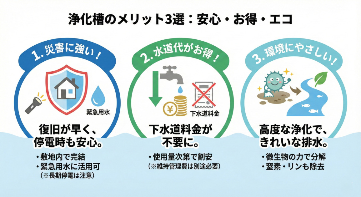 浄化槽を設置する3つのメリットをまとめた図解です。
1. 災害時にも使える
停電時でも使用可能で、復旧も早く、処理水を緊急用水として活用できるため安心です。(※長期停電時は機能低下に注意が必要)
2. 水道代が抑えられる
下水道料金がかからず上水道料金のみとなるため、トータルコストが安くなるケースがあります。
3. 環境に配慮した排水
微生物の働きにより、下水処理場と同等レベルまで浄化して排水するため、環境負荷を低減できます。